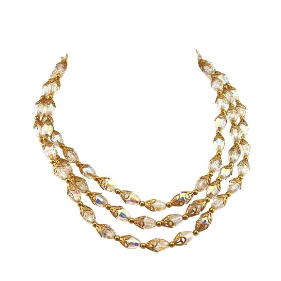 Aurora Borealis Three Strand Vintage Faceted Crystal Necklace Mid Century Vintag - Picture 1 of 6